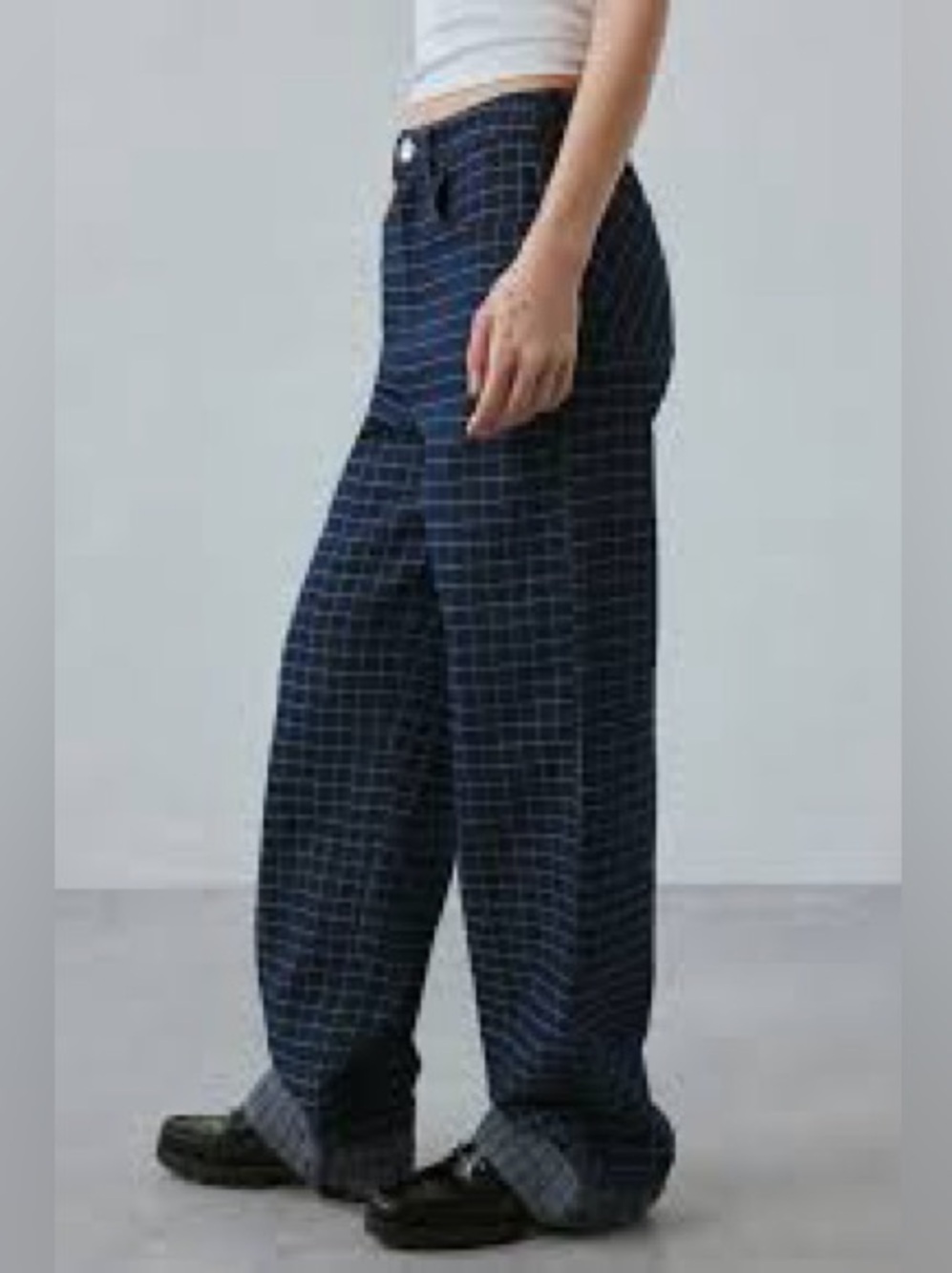 Ghospell Campbell Check Jeans Navy Windowpane High Rise Wide Leg Womens S Tall